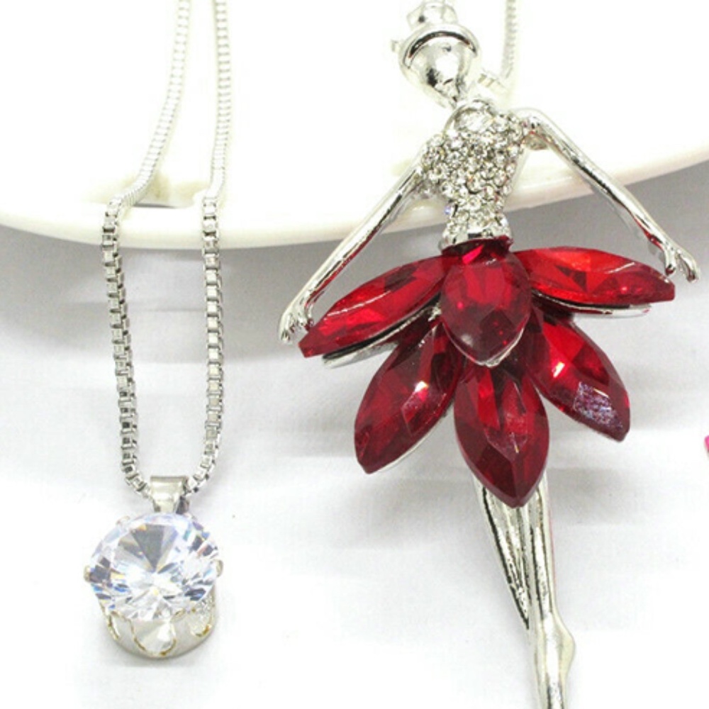 Double Chain Necklace - Girl Ballerina Red Crystals - Brand New No Tags